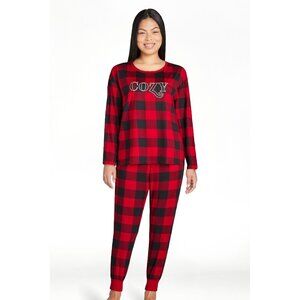 Joyspun Women’s Long Sleeve Pajama Set, 2-Piece, Size MEDIUM RED/BLACK PLAID